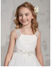 Square Neck Ivory Ruched Tulle Ankle Length Flower Girl Dress